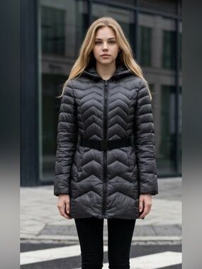 Bernardo Charcoal Quilted Hooded Belted Puffer Goose Down Coat